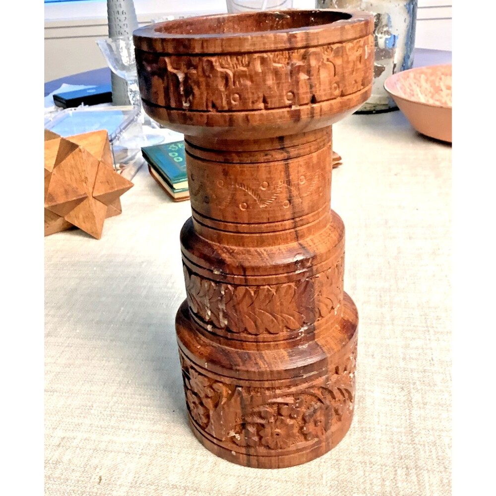 Vintage Pillar Candle Holder Wood Handcrafted India Rustic Floral Boho 8"x3.5”